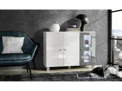 Vladon Cajonera Denjo, Cómoda con 3 Puertas, Blanco mate/Blanco de alto brillo/Gris de alto brillo, incluida iluminación LED (107 x 81 x 35 cm)