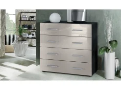 Vladon Cajonera Pavos, Cómoda con 4 Cajones, negro mate/gris arena de alto brillo (76 x 72 x 35 cm)