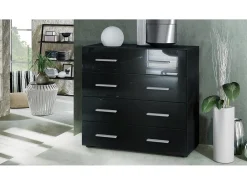 Vladon Cajonera Pavos, Cómoda con 4 Cajones, negro mate/negro de alto brillo (76 x 72 x 35 cm)
