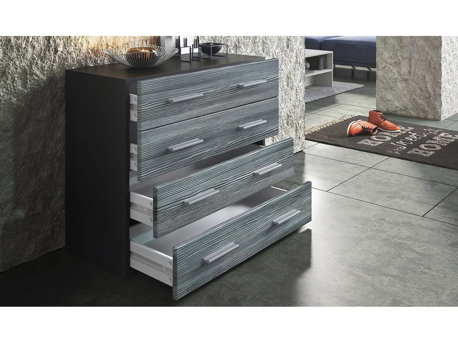 Vladon Cajonera Pavos, Cómoda con 4 Cajones, negro mate/blanco de alto brillo (76 x 72 x 35 cm)