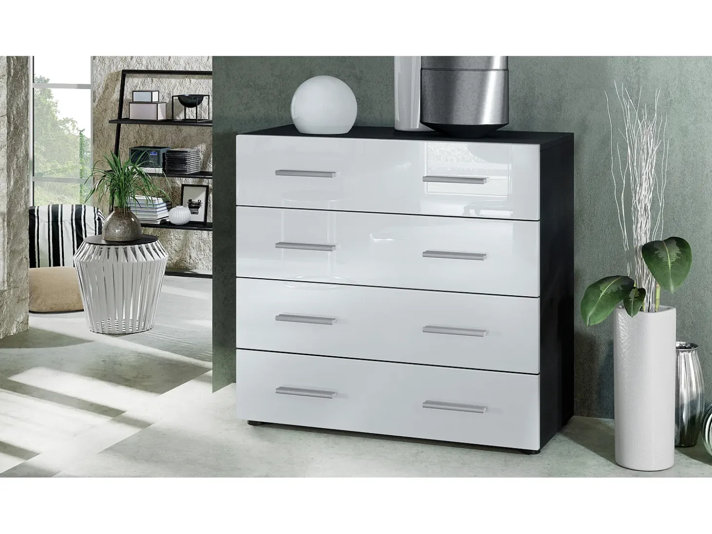 Vladon Cajonera Pavos, Cómoda con 4 Cajones, negro mate/blanco de alto brillo (76 x 72 x 35 cm)
