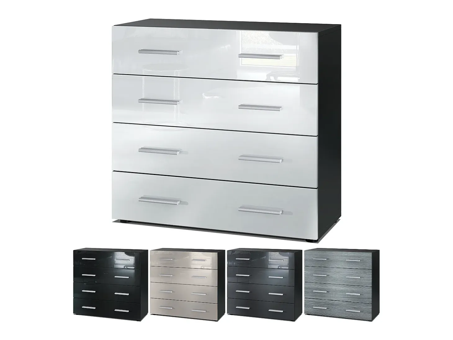 Vladon Cajonera Pavos, Cómoda con 4 Cajones, negro mate/blanco de alto brillo (76 x 72 x 35 cm)