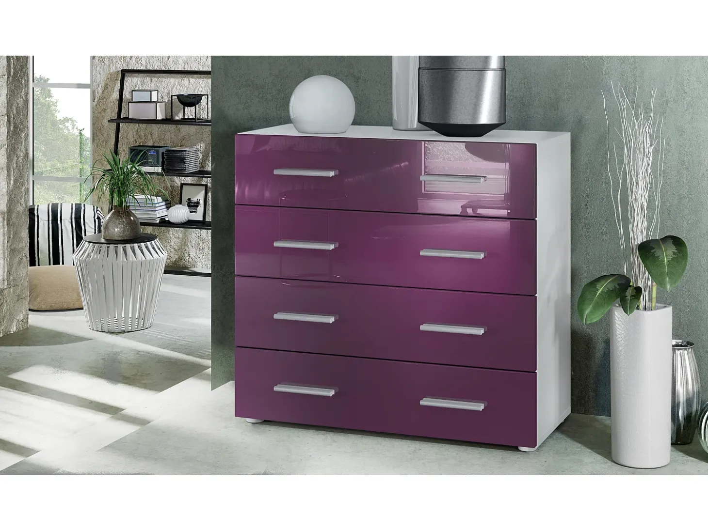Vladon Cajonera Pavos, Cómoda con 4 Cajones, blanco mate/zarzamora de alto brillo (76 x 72 x 35 cm)