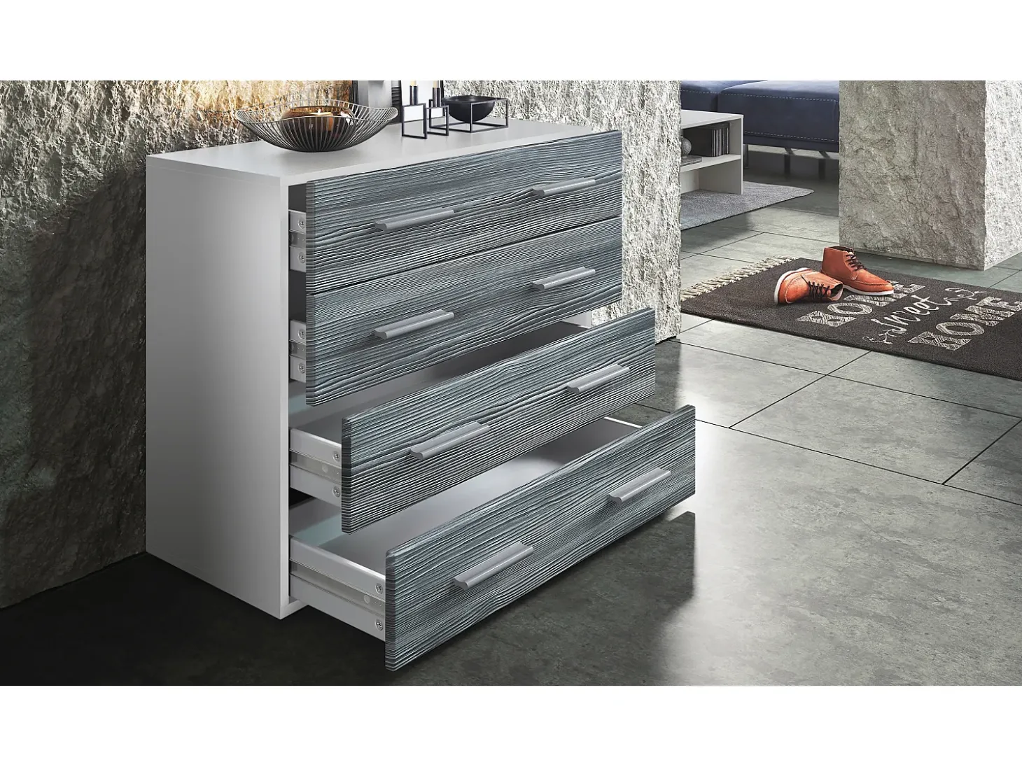 Vladon Cajonera Pavos, Cómoda con 4 Cajones, blanco mate/zarzamora de alto brillo (76 x 72 x 35 cm)