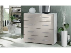 Vladon Cajonera Pavos, Cómoda con 4 Cajones, blanco mate/gris arena de alto brillo (76 x 72 x 35 cm)