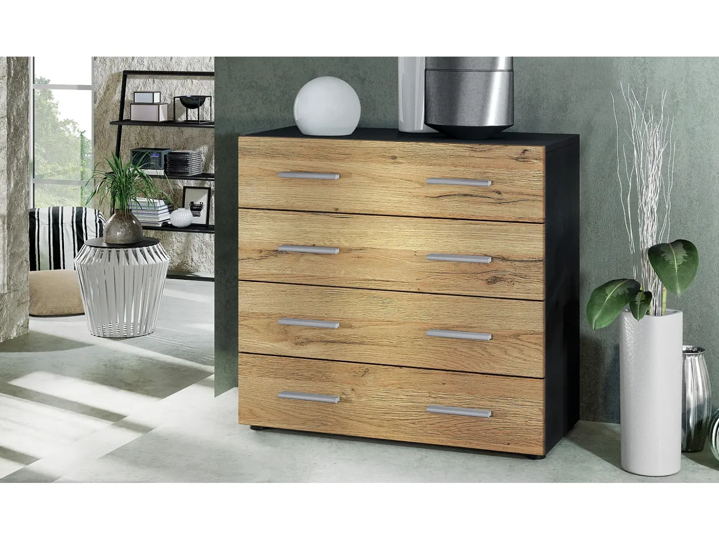 Vladon Cajonera Pavos, Cómoda con 4 Cajones, negro mate/roble natural (76 x 72 x 35 cm)