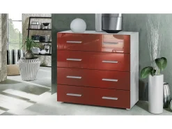 Vladon Cajonera Pavos, Cómoda con 4 Cajones, blanco mate/burdeos de alto brillo (76 x 72 x 35 cm)