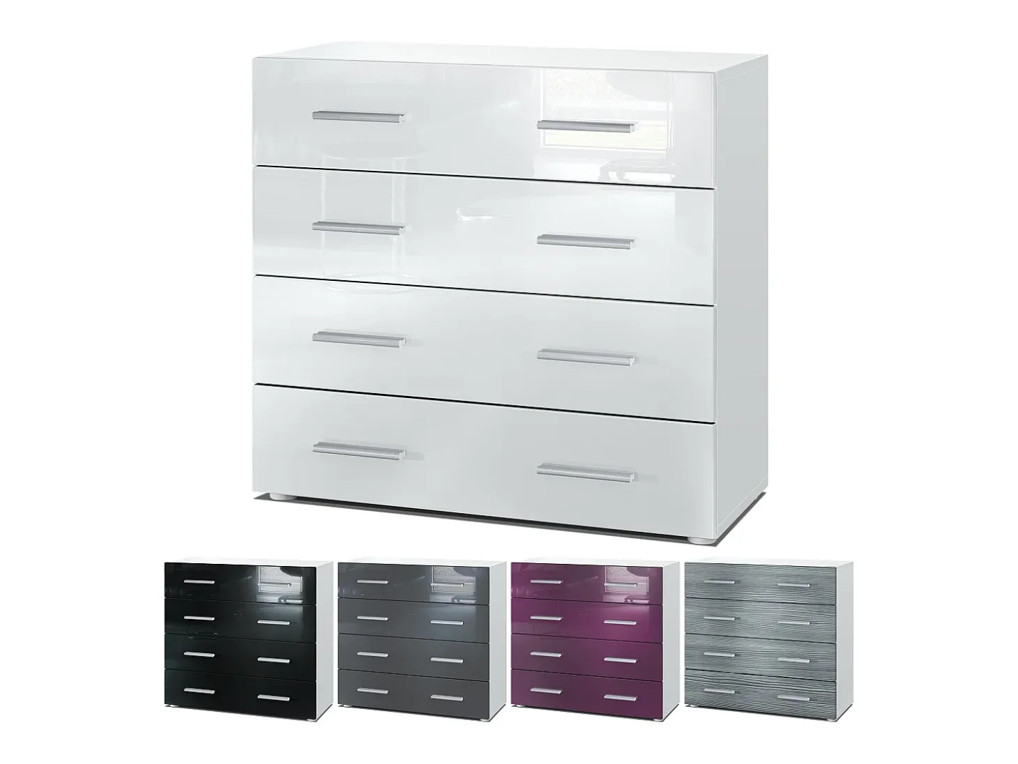 Vladon Cajonera Pavos, Cómoda con 4 Cajones, blanco mate/gris de alto brillo (76 x 72 x 35 cm)