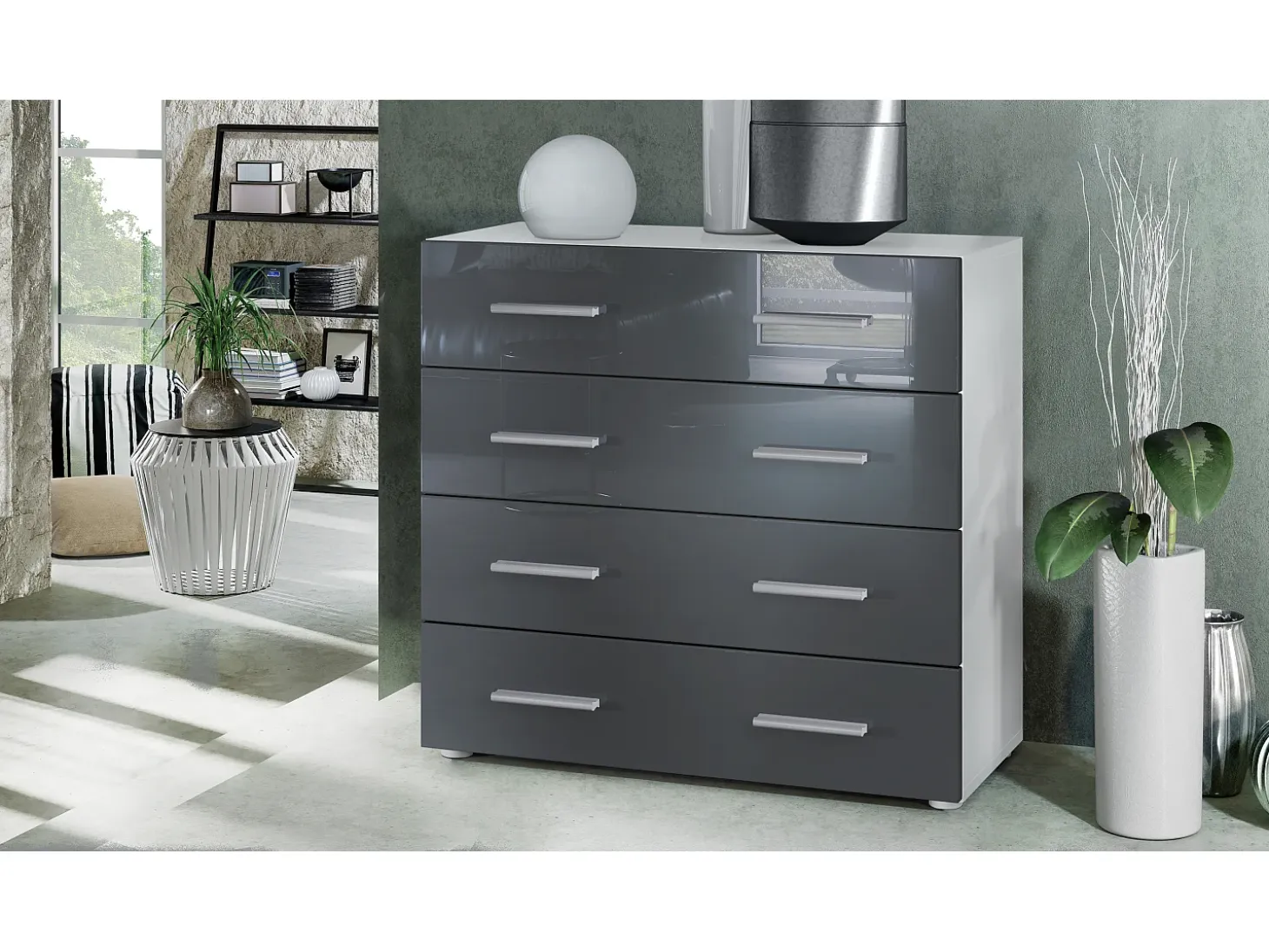 Vladon Cajonera Pavos, Cómoda con 4 Cajones, blanco mate/gris de alto brillo (76 x 72 x 35 cm)