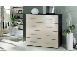 Vladon Cajonera Pavos, Cómoda con 4 Cajones, negro mate/crema de alto brillo (76 x 72 x 35 cm)