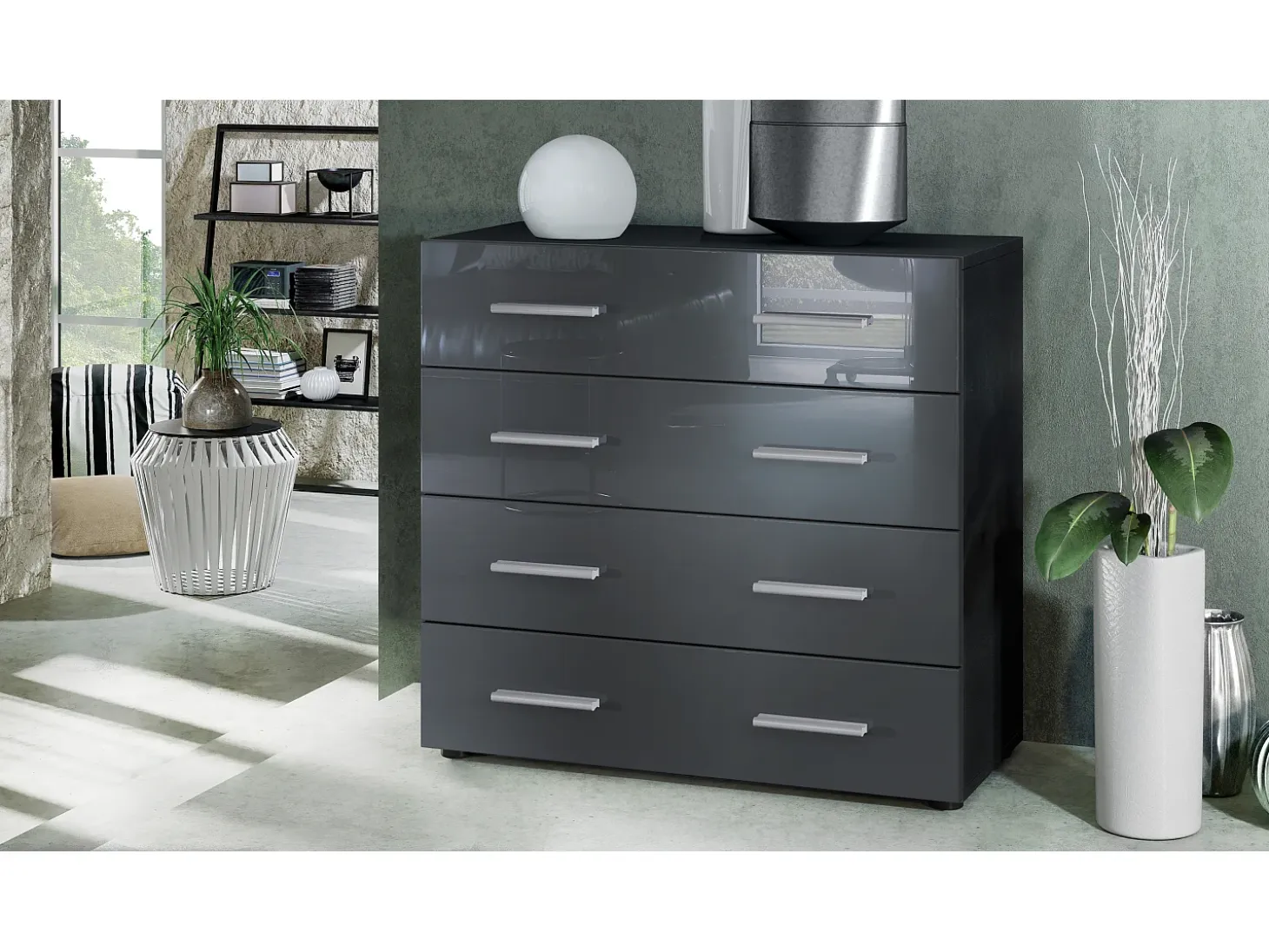 Vladon Cajonera Pavos, Cómoda con 4 Cajones, negro mate/gris de alto brillo (76 x 72 x 35 cm)