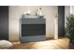 Vladon Cajonera Pavos V2, Cómoda con 4 Cajones y estante de cristal, antracita mate/negro mate (76 x 81 x 35 cm)