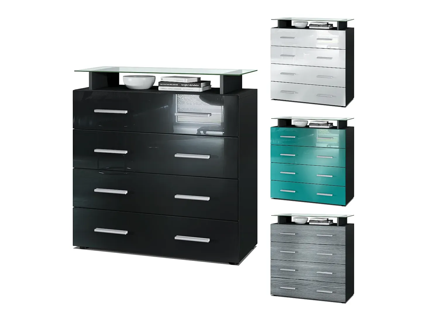 Vladon Cajonera Pavos V2, Cómoda con 4 Cajones y estante de cristal, negro mate/negro de alto brillo (76 x 81 x 35 cm)