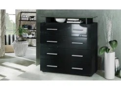 Vladon Cajonera Pavos V2, Cómoda con 4 Cajones y estante de cristal, negro mate/negro de alto brillo (76 x 81 x 35 cm)