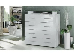 Vladon Cajonera Pavos V2, Cómoda con 4 Cajones y estante de cristal, blanco mate/blanco de alto brillo (76 x 81 x 35 cm)