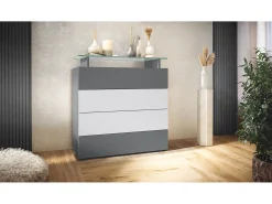 Vladon Cajonera Pavos V2, Cómoda con 4 Cajones y estante de cristal, antracita mate/blanco mate (76 x 81 x 35 cm)