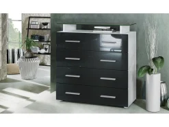 Vladon Cajonera Pavos V2, Cómoda con 4 Cajones y estante de cristal, blanco mate/negro de alto brillo (76 x 81 x 35 cm)