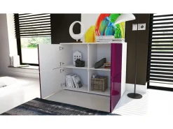 Vladon Cajonera Rova, Cómoda con 4 Puertas, Blanco mate/Blanco de alto brillo/Burdeos de alto brillo (92 x 72 x 35 cm)