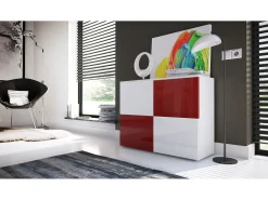 Vladon Cajonera Rova, Cómoda con 4 Puertas, Blanco mate/Blanco de alto brillo/Burdeos de alto brillo (92 x 72 x 35 cm)