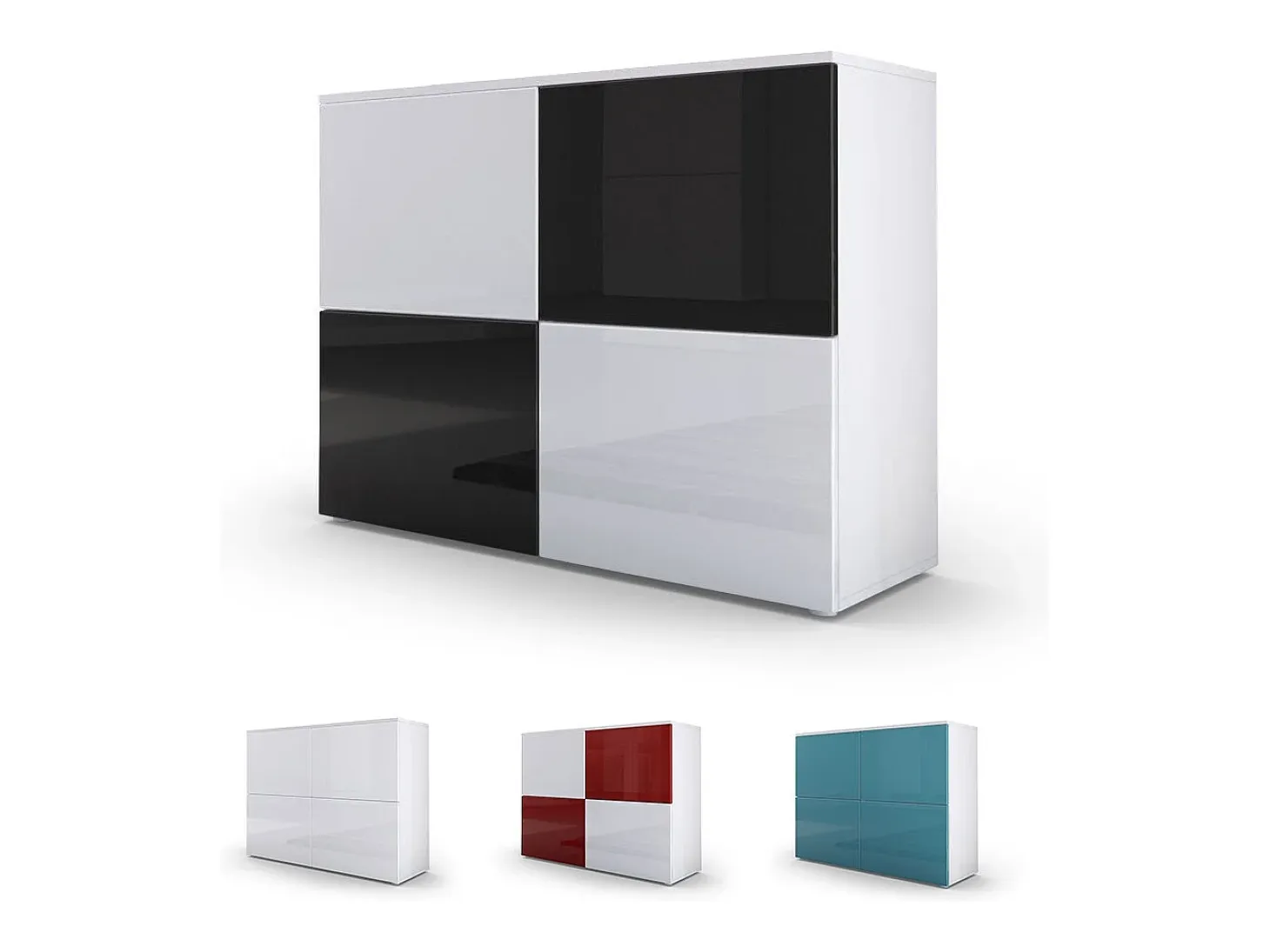 Vladon Cajonera Rova, Cómoda con 4 Puertas, Blanco mate/Blanco de alto brillo/Burdeos de alto brillo (92 x 72 x 35 cm)