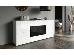 Vladon Cajonera Rova, Cómoda con 4 Puertas y 4 cajones, Blanco mate/Blanco de alto brillo (166 x 72 x 35 cm)