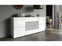 Vladon Cajonera Rova, Cómoda con 4 Puertas y 4 cajones, Blanco mate/Hormigón oxidado/Blanco de alto brillo (92 x 72 x 35 cm)