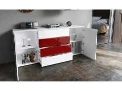 Vladon Cajonera Rova, Cómoda con 4 Puertas y 4 cajones, Blanco mate/Hormigón oxidado/Blanco de alto brillo (92 x 72 x 35 cm)