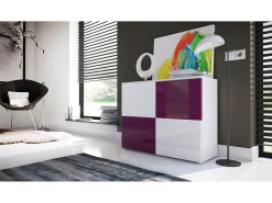Vladon Cajonera Rova, Cómoda con 4 Puertas, Blanco mate/Blanco de alto brillo/Zarzamora de alto brillo (92 x 72 x 35 cm)