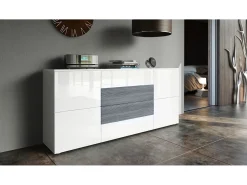 Vladon Cajonera Rova, Cómoda con 4 Puertas y 4 cajones, Blanco mate/Blanco de alto brillo (166 x 72 x 35 cm)