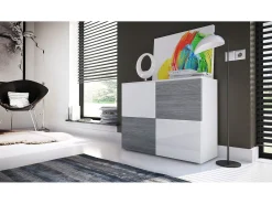 Vladon Cajonera Rova, Cómoda con 4 Puertas, Blanco mate/Blanco de alto brillo/Avola Antracita (92 x 72 x 35 cm)