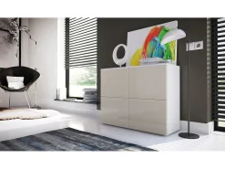 Vladon Cajonera Rova, Cómoda con 4 Puertas, Blanco mate/Gris arena de alto brillo (92 x 72 x 35 cm)