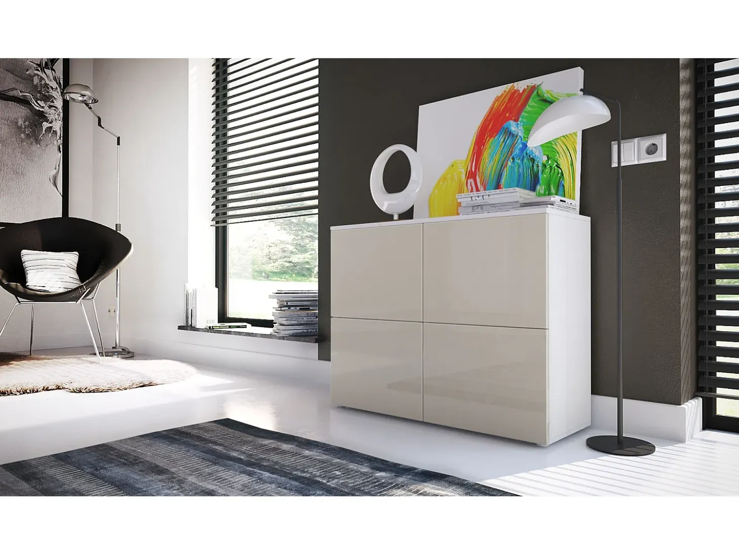 Vladon Cajonera Rova, Cómoda con 4 Puertas, Blanco mate/Gris arena de alto brillo (92 x 72 x 35 cm)
