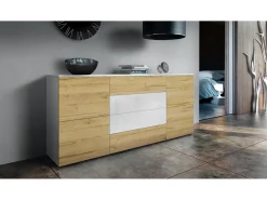 Vladon Cajonera Rova, Cómoda con 4 Puertas y 4 cajones, Blanco mate/Roble natural (166 x 72 x 35 cm)