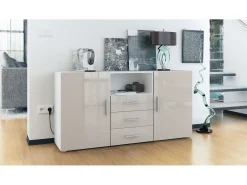 Vladon Cajonera Skadu, Cómoda con 2 Puertas, 3 Cajones y 1 Compartimento abierto, blanco mate/gris arena de alto brillo (139 x 72 x 35 cm)