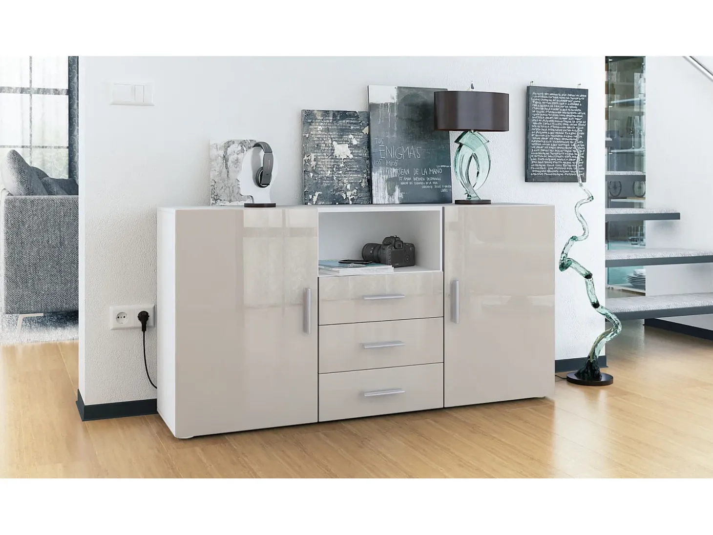 Vladon Cajonera Skadu, Cómoda con 2 Puertas, 3 Cajones y 1 Compartimento abierto, blanco mate/gris arena de alto brillo (139 x 72 x 35 cm)