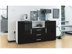 Vladon Cajonera Skadu, Cómoda con 2 Puertas, 3 Cajones y 1 Compartimento abierto, blanco mate/negro de alto brillo (139 x 72 x 35 cm)