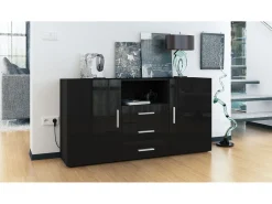 Vladon Cajonera Skadu, Cómoda con 2 Puertas, 3 Cajones y 1 Compartimento abierto, negro mate/negro de alto brillo (138,5 x 71,5 x 35 cm)