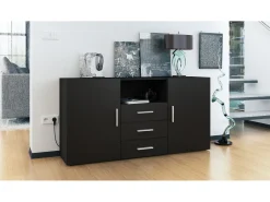 Vladon Cajonera Skadu, Cómoda con 2 Puertas, 3 Cajones y 1 Compartimento abierto, negro mate/negro mate (138,5 x 71,5 x 35 cm)
