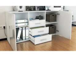 Vladon Cajonera Skadu, Cómoda con 2 Puertas, 3 Cajones y 1 Compartimento abierto, negro mate/gris arena de alto brillo (138,5 x 71,5 x 35 cm)