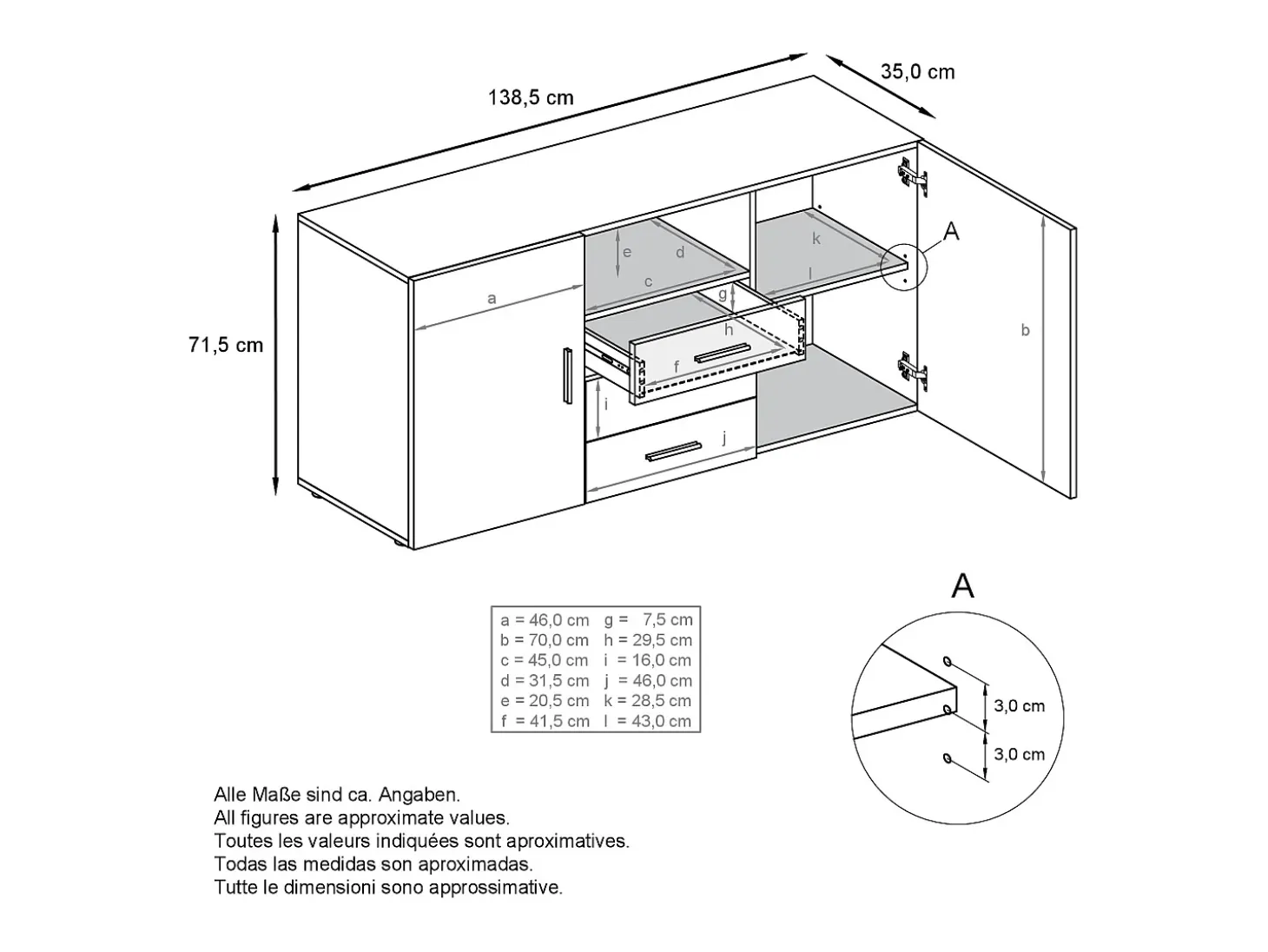 Vladon Cajonera Skadu, Cómoda con 2 Puertas, 3 Cajones y 1 Compartimento abierto, blanco mate/blanco mate (139 x 72 x 35 cm)