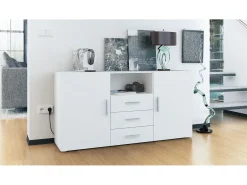 Vladon Cajonera Skadu, Cómoda con 2 Puertas, 3 Cajones y 1 Compartimento abierto, blanco mate/blanco mate (139 x 72 x 35 cm)