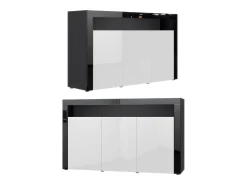 Vladon Cajonera Valencia, Cómoda con 3 Puertas y 1 Compartimento abierto, Negro mate/gris de alto brillo/negro de alto brillo (155 x 92 x 40 cm)