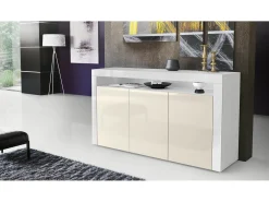 Vladon Cajonera Valencia, Cómoda con 3 Puertas y 1 Compartimento abierto, Blanco mate/crema de alto brillo/blanco de alto brillo (155 x 92 x 40 cm)