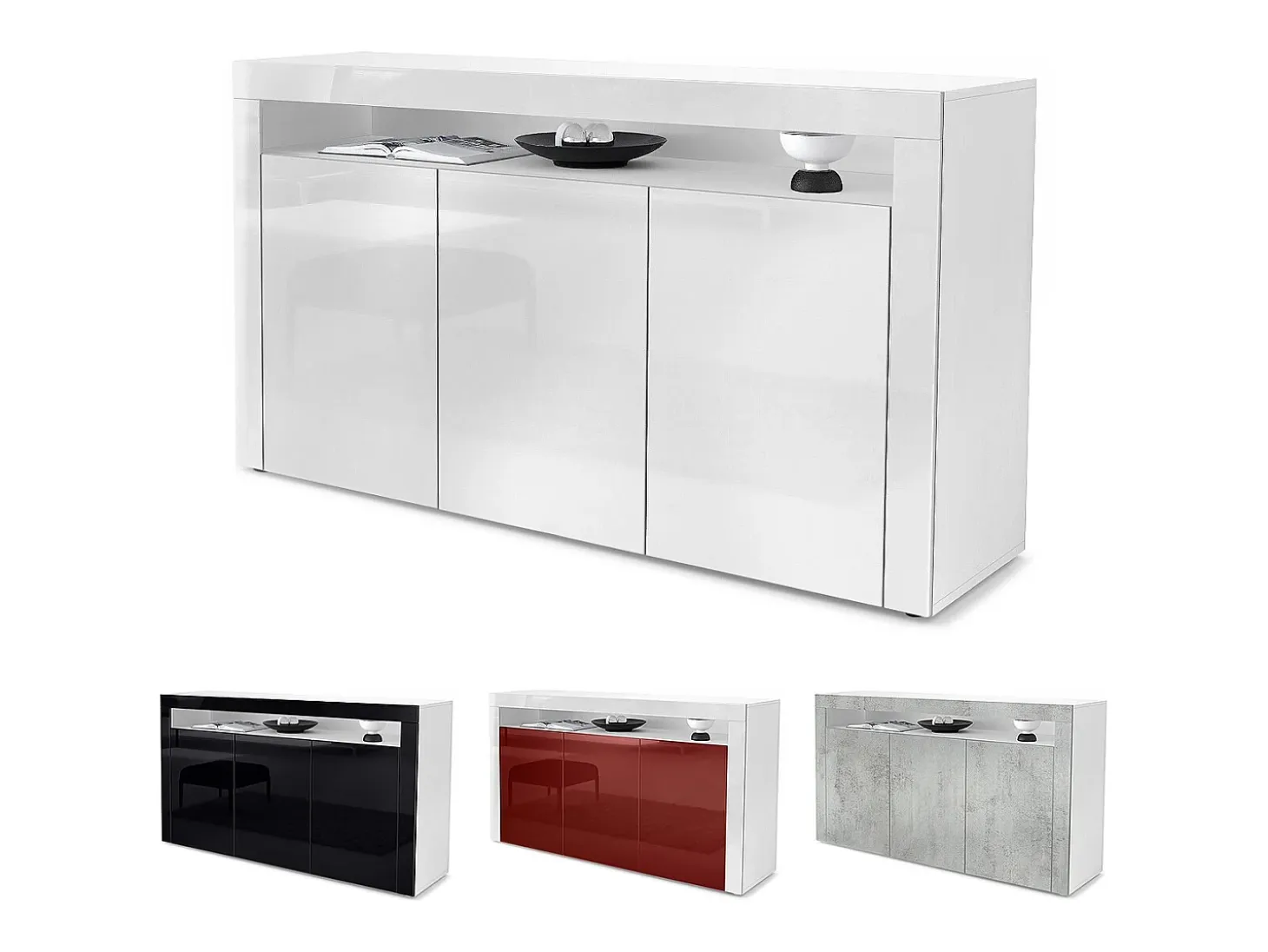 Vladon Cajonera Valencia, Cómoda con 3 Puertas y 1 Compartimento abierto, Blanco mate/crema de alto brillo/blanco de alto brillo (155 x 92 x 40 cm)