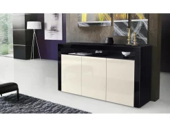 Vladon Cajonera Valencia, Cómoda con 3 Puertas y 1 Compartimento abierto, Negro mate/crema de alto brillo/negro de alto brillo (155 x 92 x 40 cm)