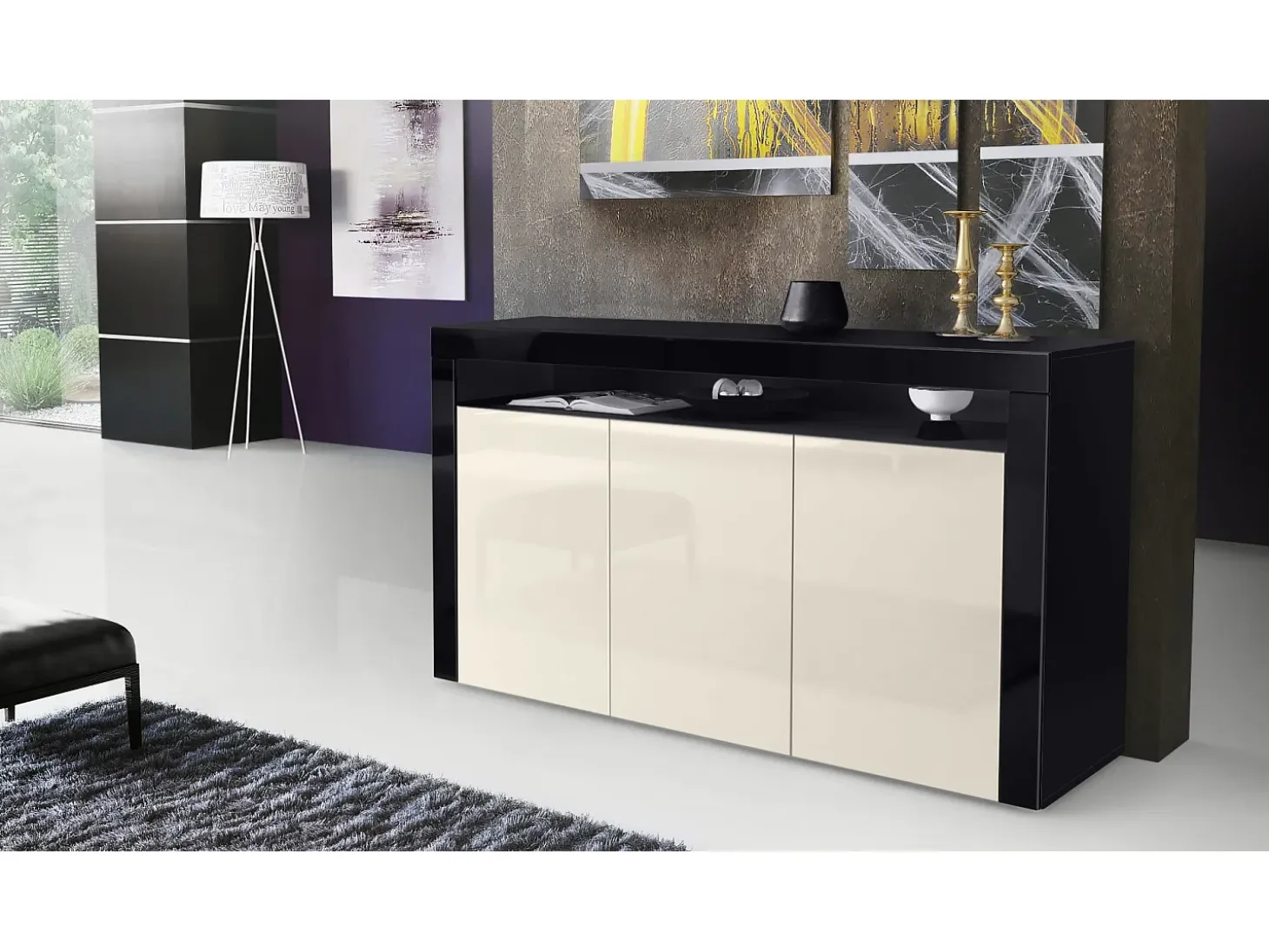 Vladon Cajonera Valencia, Cómoda con 3 Puertas y 1 Compartimento abierto, Negro mate/crema de alto brillo/negro de alto brillo (155 x 92 x 40 cm)