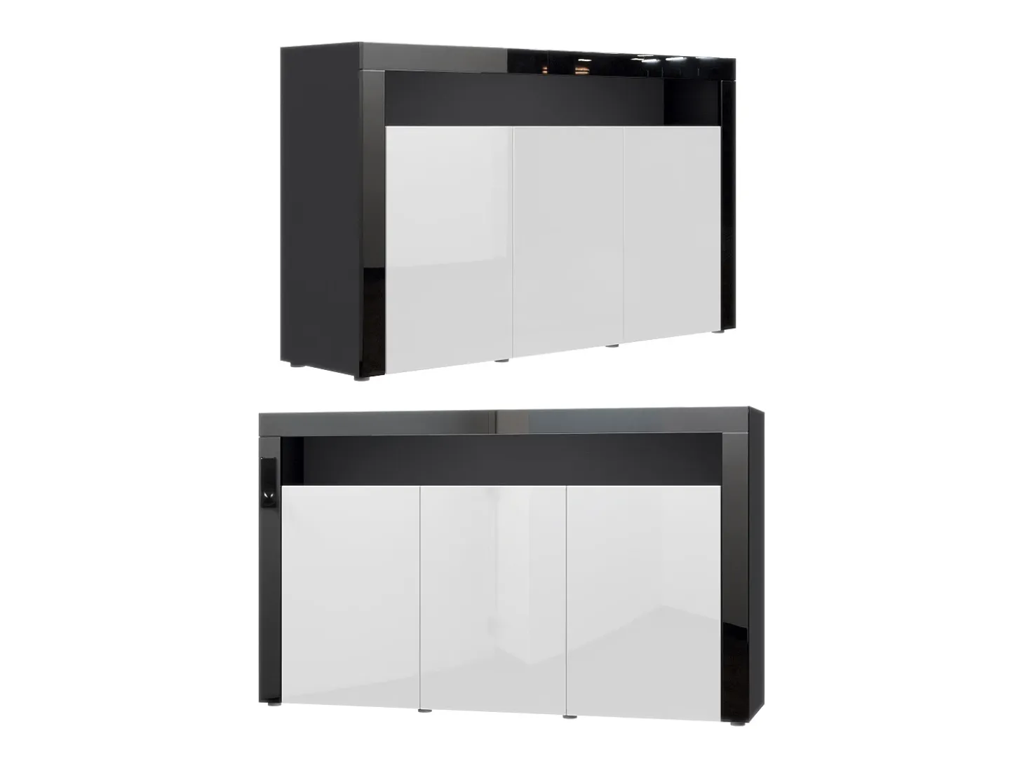 Vladon Cajonera Valencia, Cómoda con 3 Puertas y 1 Compartimento abierto, Negro mate/crema de alto brillo/negro de alto brillo (155 x 92 x 40 cm)