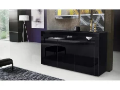 Vladon Cajonera Valencia, Cómoda con 3 Puertas y 1 Compartimento abierto, Negro mate/negro de alto brillo/negro de alto brillo (155 x 92 x 40 cm)