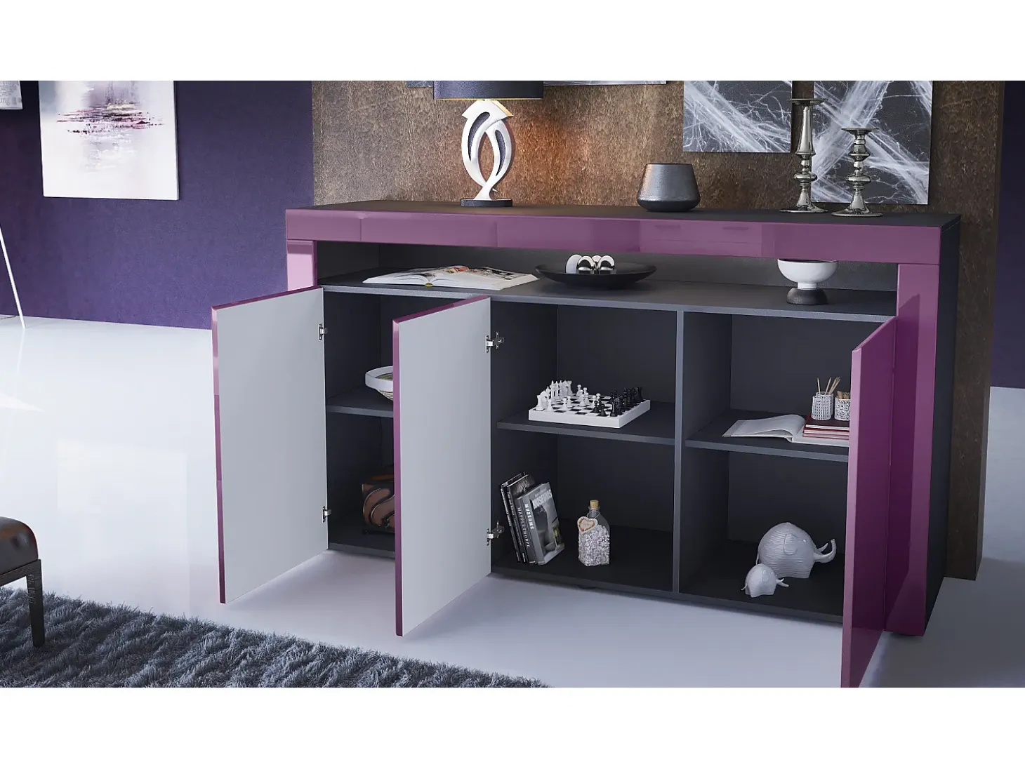 Vladon Cajonera Valencia, Cómoda con 3 Puertas y 1 Compartimento abierto, Negro mate/zarzamora de alto brillo/zarzamora de alto brillo (155 x 92 x 40 cm)