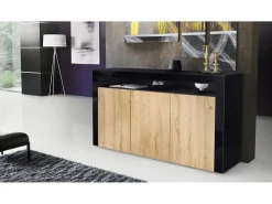 Vladon Cajonera Valencia, Cómoda con 3 Puertas y 1 Compartimento abierto, Negro mate/roble natural/negro de alto brillo (155 x 92 x 40 cm)